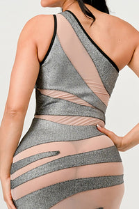 Metallic Bandage Mesh Insert Dress See Through Sexy Silver Tight Long Dress KESLEY