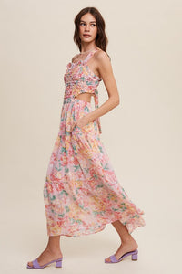 Floral Maxi Dress Smocked Backless Waist Cutouts with Pockets New Women's Fashion Casual Long Summer Dress KESLEY