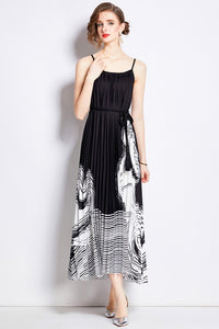 Black Pleated Waist Tie Pleated A line Long Maxi dress Formal Dresses for Special Occasions