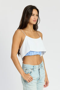 White Crop Top Spaghetti Sleeve Pinstripe Layered Casual Shirt KESLEY