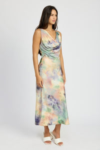 Cowl Neck Sleeveless Tie Dye Satin Dress New Women's Fashion Elegant Maxi Dress KESLEY