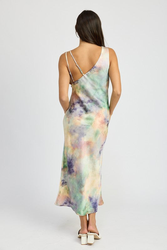 Cowl Neck Sleeveless Tie Dye Satin Dress New Women's Fashion Elegant Maxi Dress KESLEY