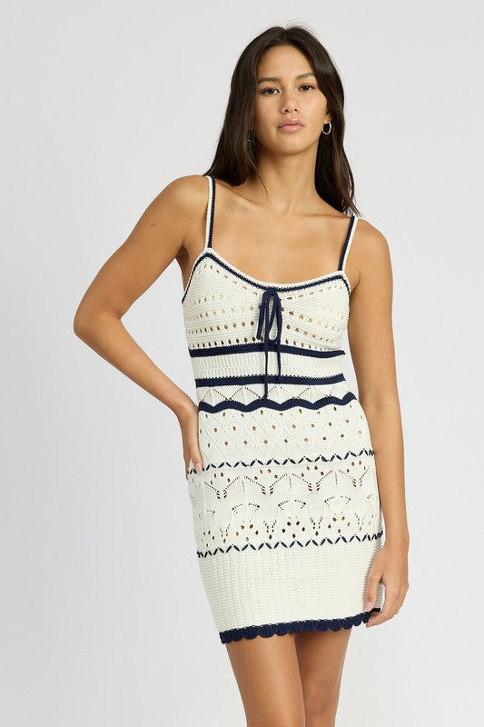 CONTRASTED CROCHET MINI DRESS KESLEY WHITE AND BLUE NAUTICAL CROCHET DRESS