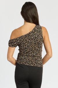 Leopard Print off the shoulder short sleeve asymmetrical shoulder sleeve womens shirt KESLEY