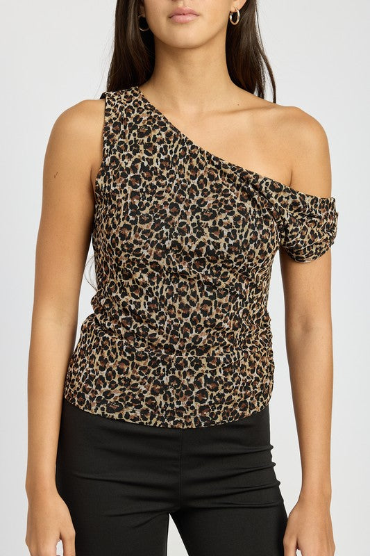 Leopard Print off the shoulder short sleeve asymmetrical shoulder sleeve womens shirt KESLEY
