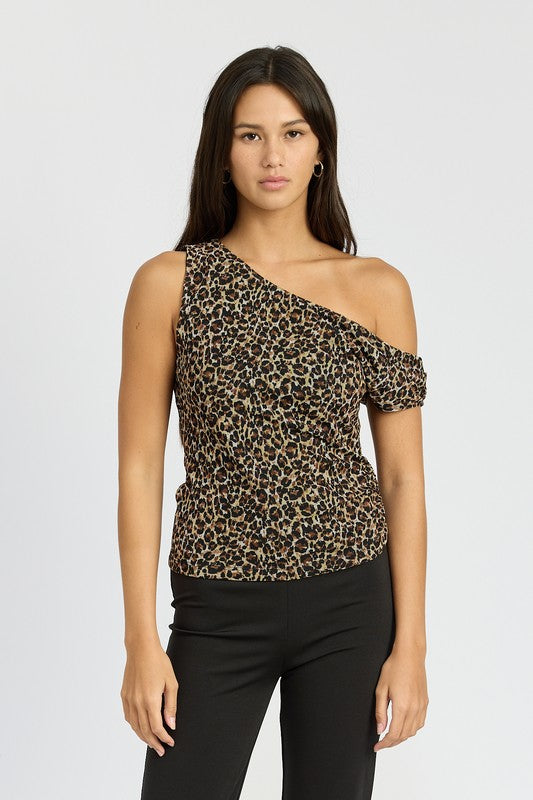 Leopard Print off the shoulder short sleeve asymmetrical shoulder sleeve womens shirt KESLEY