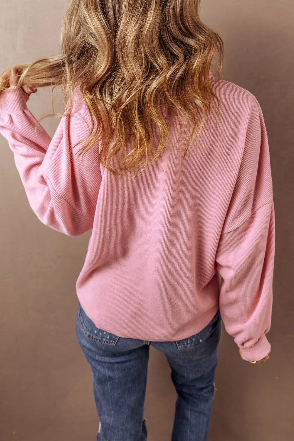 Half Button Long Sleeve Top Women's Pink Sweater