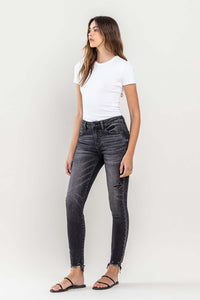 Black Raw Hem Cropped Skinny Jeans KESLEY