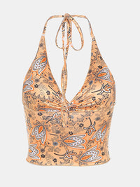 Halter Top Paisley Printed Halter Neck V Neck Ties Cropped Cami