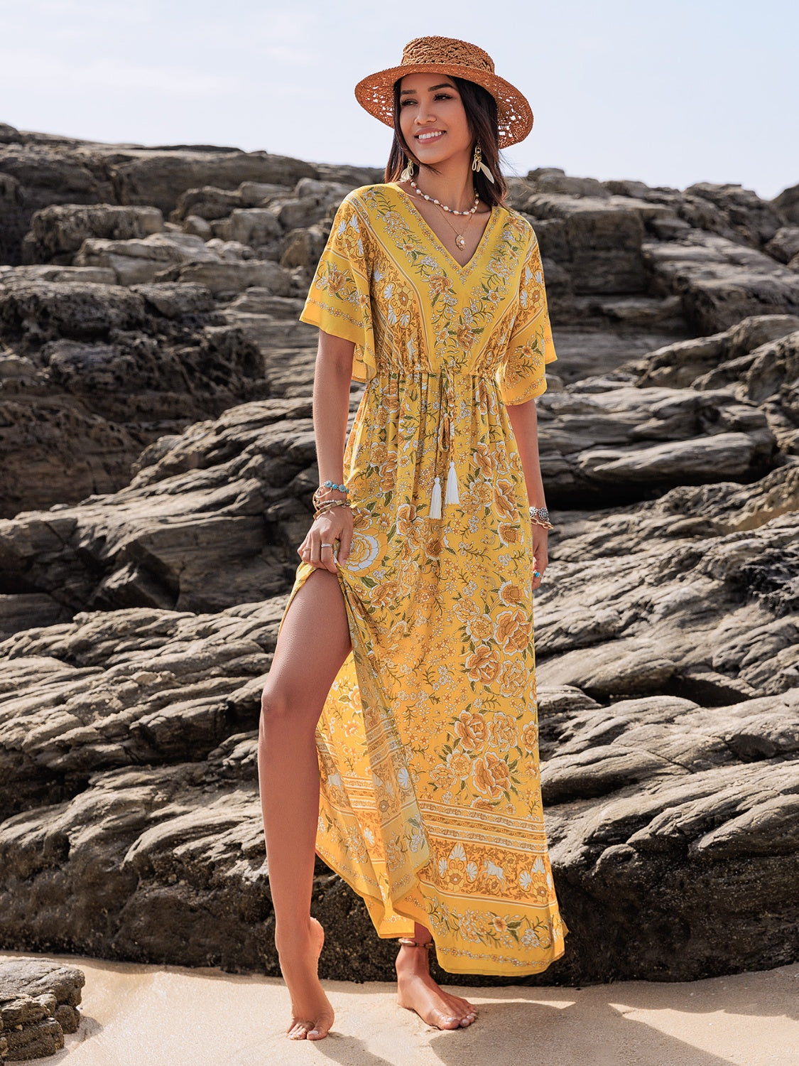 Drawstring Printed Plunge Half Sleeve Dress