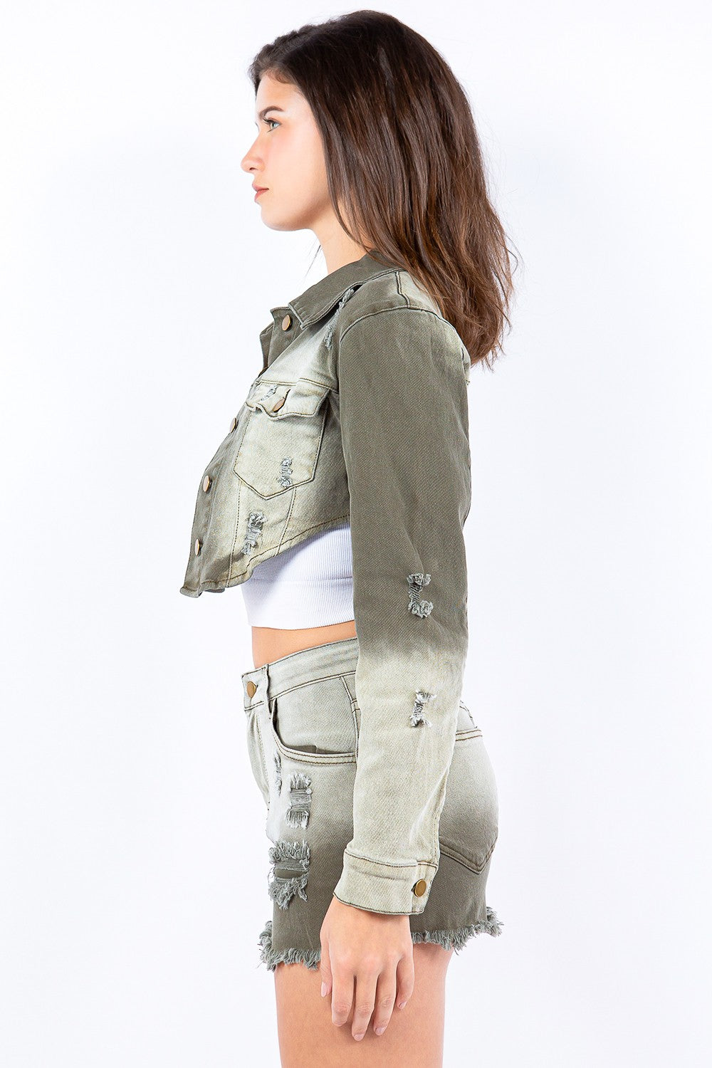 KESLEY New Women's Fashion Distressed Ombre Washed Cropped Denim Jacket