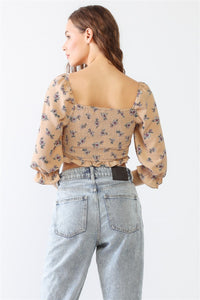 KESLEY Floral Ruffle Smocked Back Ruched Crop Top