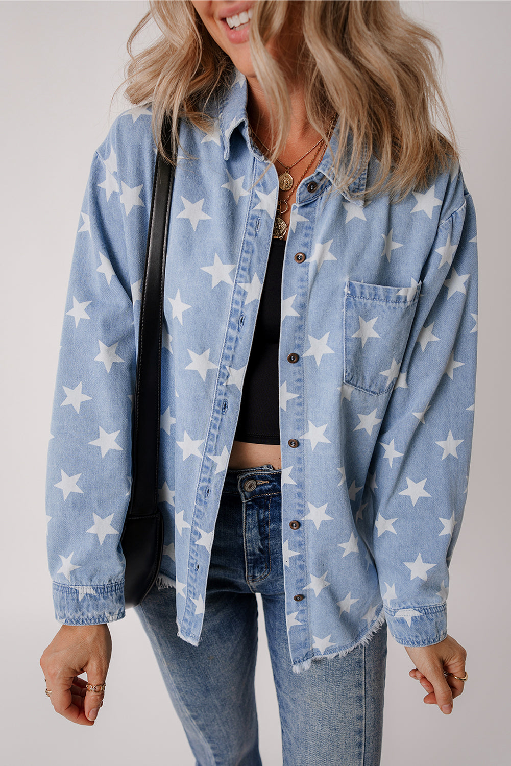 Sky Blue Star Print Light Wash Raw Hem Denim Jacket