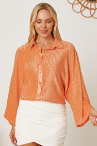 Orange Textured Button Up Long Sleeve Shirt Women's Top
