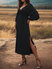 Black Slit V-Neck Long Sleeve Midi Dress