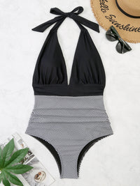 One Piece Swimsuit Nylon Fast Dry Premium Luxury Halter Neck Plunge Low V One-Piece Swimwear