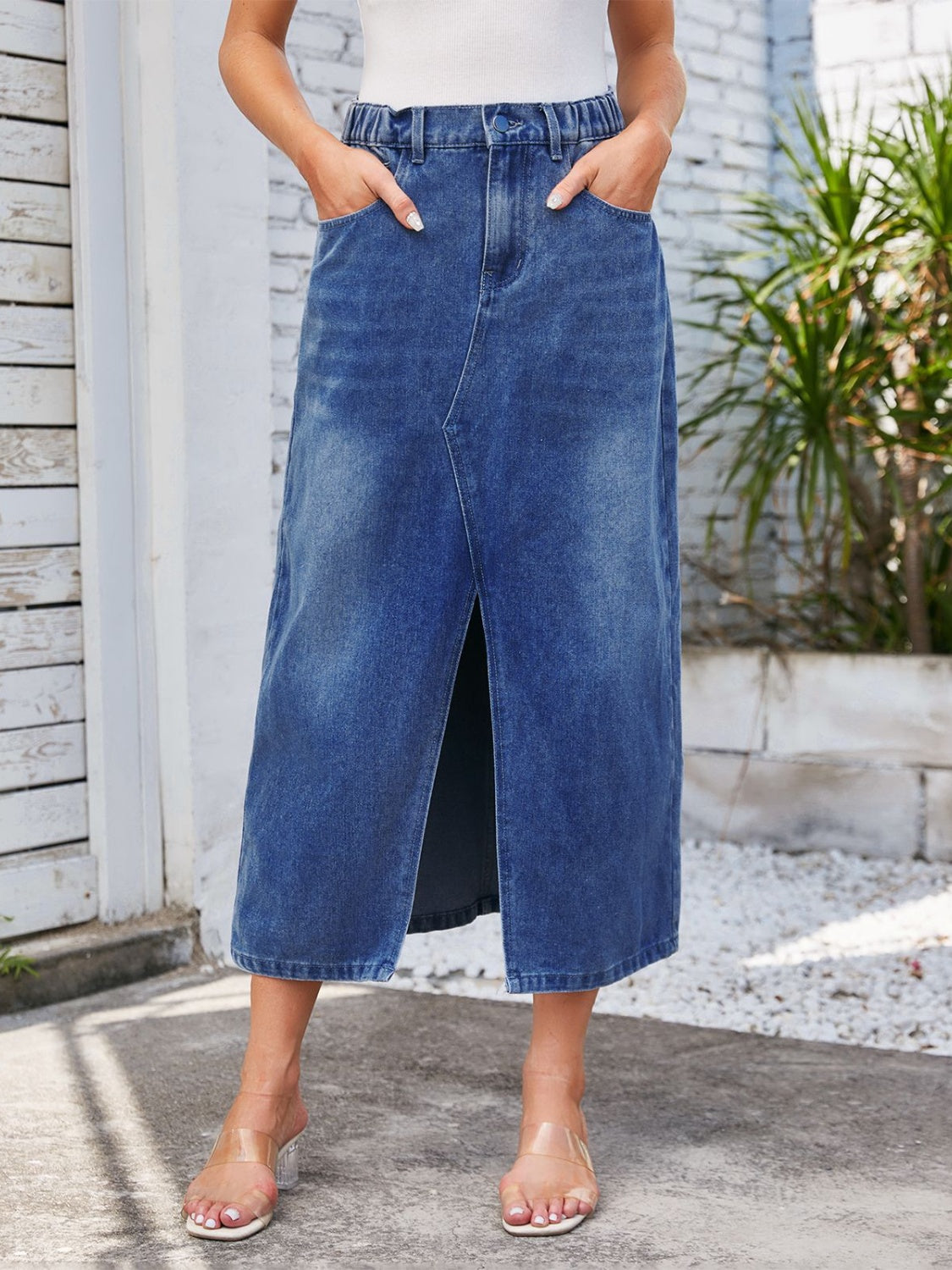 Slit Midi Denim Skirt with Pockets New Women's Fashion Long Jean Skirt Maxi