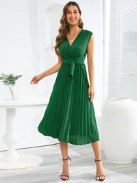 V Neck Short Sleeve Tied Surplice Pleated Tank Dress Professional and Casual-wear Fashion