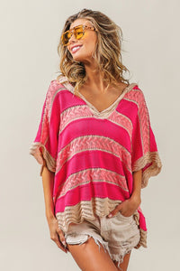 Pink Stripe Short Sleeve Sweater with Hood Women's Casual  Multi Color Stripe Hooded Knit Top
