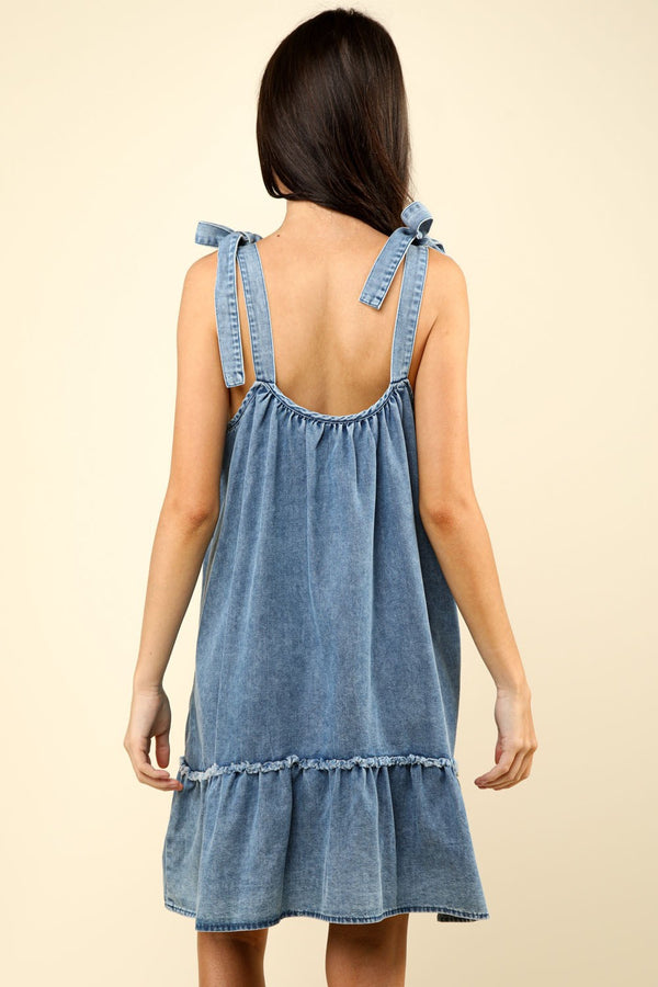 KESLEY Shoulder Tie Washed Denim Mini Dress Cotton Breathable Luxury Clothing