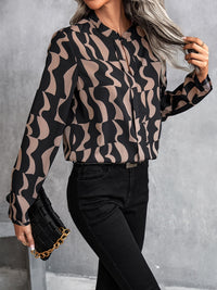 Brown and Black Printed Notched Long Sleeve Blouse New Women's Work Top