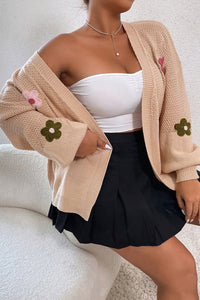 Flower Open Front Dropped Shoulder Cardigan