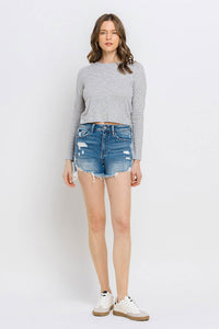 KESLEY Distressed Raw Hem Denim Shorts