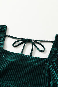 Green Tie Back Square Neck Velvet Babydoll Dress