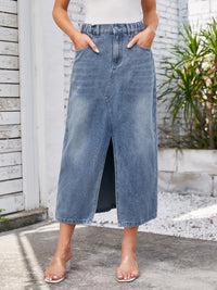 Slit Midi Denim Skirt with Pockets New Women's Fashion Long Jean Skirt Maxi