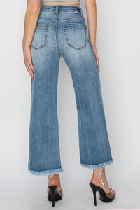 KESLEY Casual Cotton Jeans Raw Hem Cropped Wide Leg Jeans