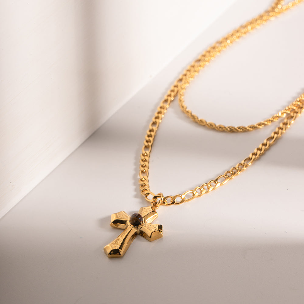 Cross Necklace 18K Gold-Plated Double Layered Cross Necklace Waterproof Hypoallergenic KESLEY