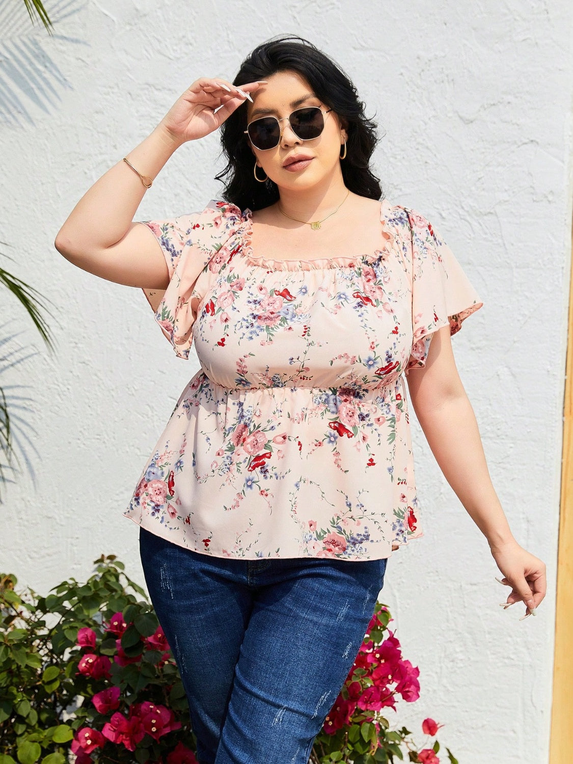 Floral Shirt Plus Size Frill Printed Flutter Sleeve Blouse