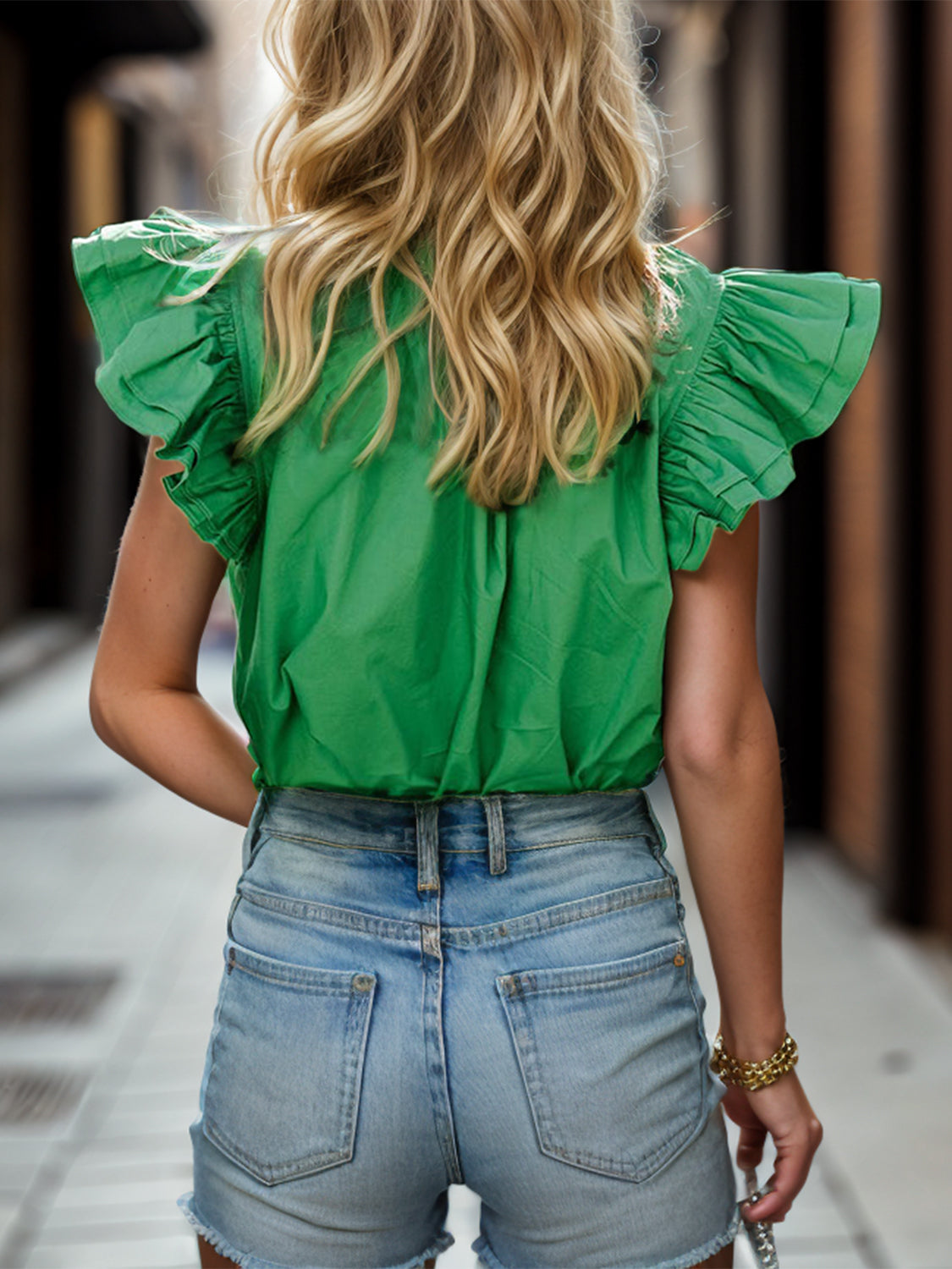 Short Sleeve Top Green Women's Fashion Casual Ruffled Notched Cap Sleeve Blouse