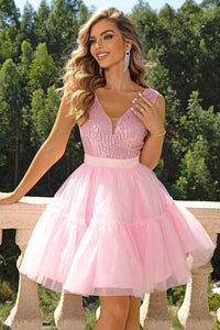 Pink Sequin Sleeveless V Neck Ruffle Mesh Puff Skirt Formal Dress