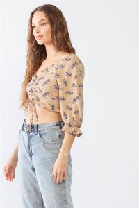 KESLEY Floral Ruffle Smocked Back Ruched Crop Top
