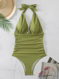 One Piece Swimsuit Nylon Fast Dry Premium Luxury Halter Neck Plunge Low V One-Piece Swimwear