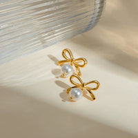 Bow Earrings with Pearl Dangle Detail Hypoallergenic Real 18K Gold Plated Waterproof Jewelry -KESLEY