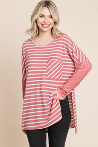 KESLEY Oversize Striped Round Neck Long Sleeve Slit T-Shirt New Women's Casual Blouse