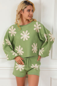 Flower Pattern Long Sleeve Sweater and Drawstring Shorts Set