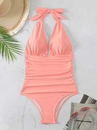 One Piece Swimsuit Nylon Fast Dry Premium Luxury Halter Neck Plunge Low V One-Piece Swimwear