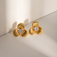 Big Flower Shape Stud Earrings Real 18K Gold Plated Stainless Steel Zircon Waterproof Jewelry