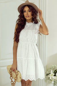White Casual Short Dress 100% Cotton Premium Luxury Eyelet Ruffled Cap Sleeve Mini Dress