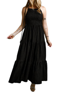 Black Spaghetti Straps Smocked Pleated Tiered Maxi Dress