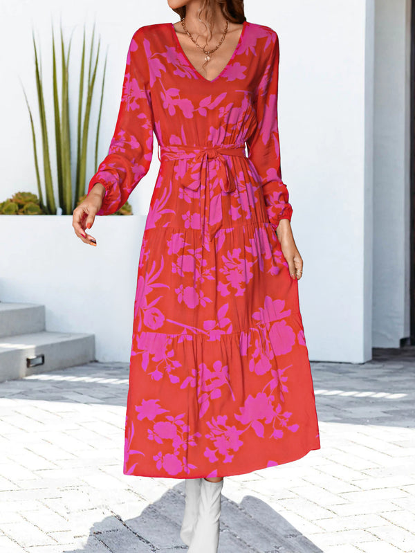 Pink Floral V-Neck Long Sleeve Midi Dress Ankle Length Casual wear