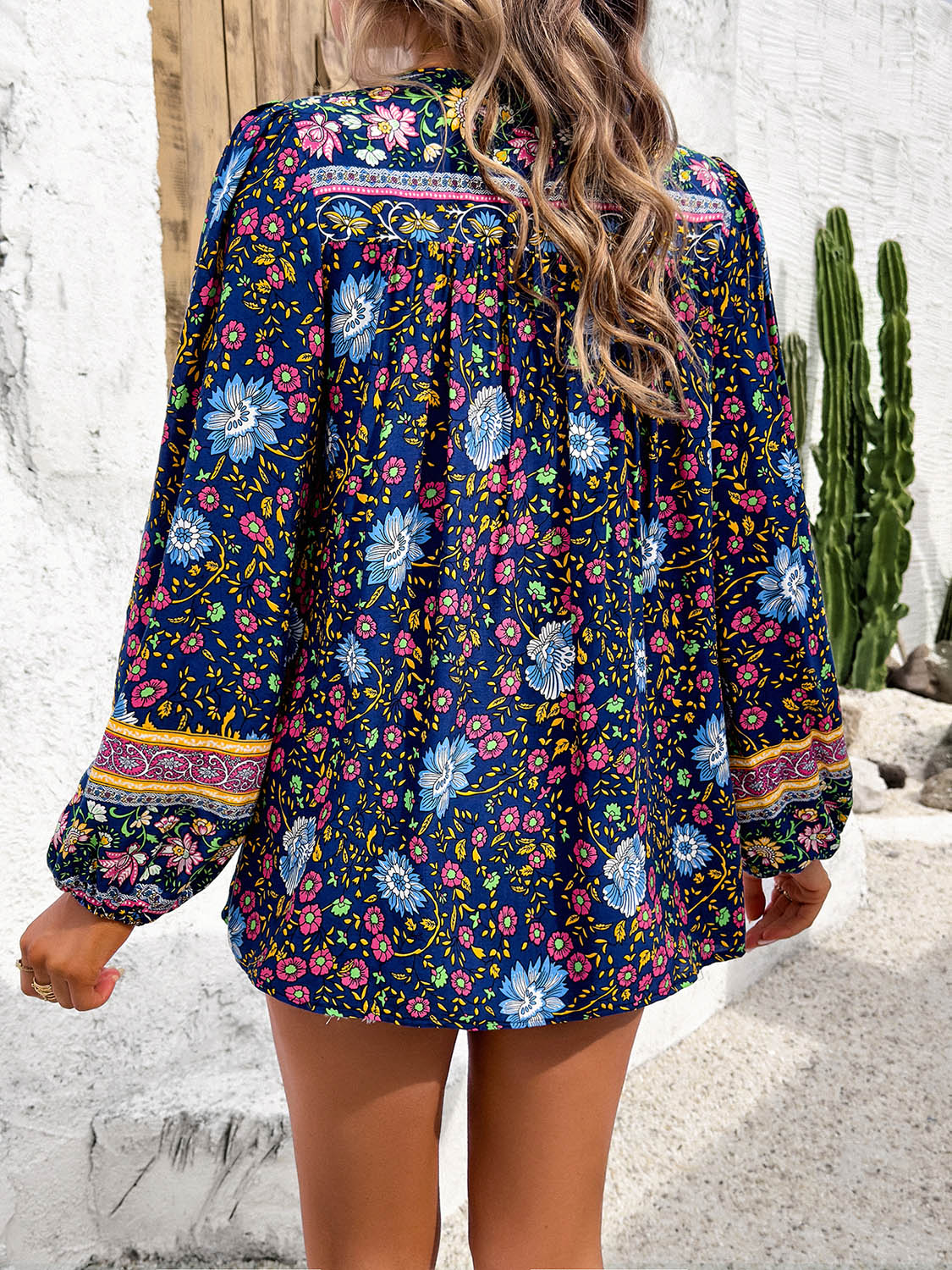 Boho Casual Loose Fit Shirt Printed Tie Neck Long Sleeve Blouse