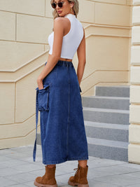 Denim Skirt With Pockets Feminine Slit Pocketed High Waist Jean Skirt KESLEY