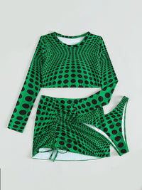 Two Piece Swimsuit Womne's Sexy Polka Dot Long Sleeve With Cover Up Skirt Three-Piece Swim Set