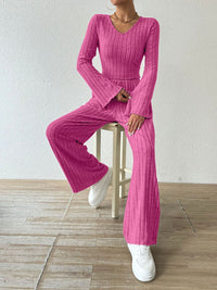 Ribbed V-Neck Long Sleeve Top and Pocketed Pants 2 Piece Set Women's Fashion