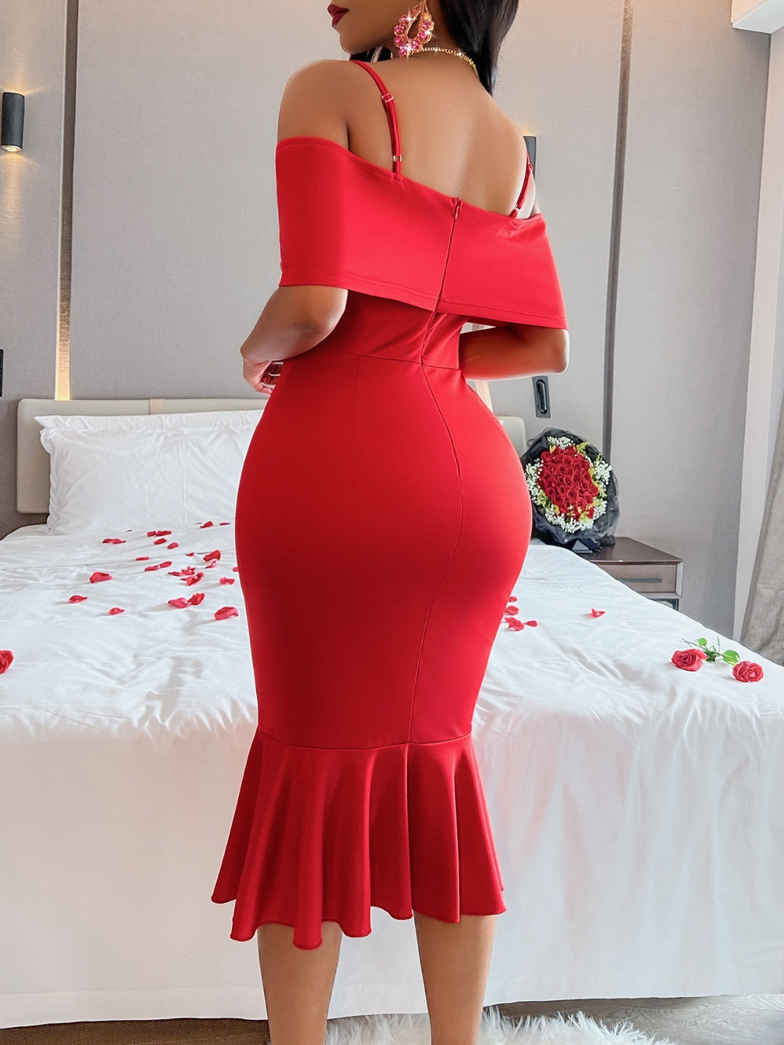 Red Off The Shoulder Dress Women's Sexy Spaghetti Strap Fishtail Wrap Dress