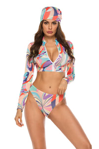 Swimsuit Set Two Piece Bikini Long Sleeve Printed Zip Up and Cover Up Skirt Three-Piece Swim Set